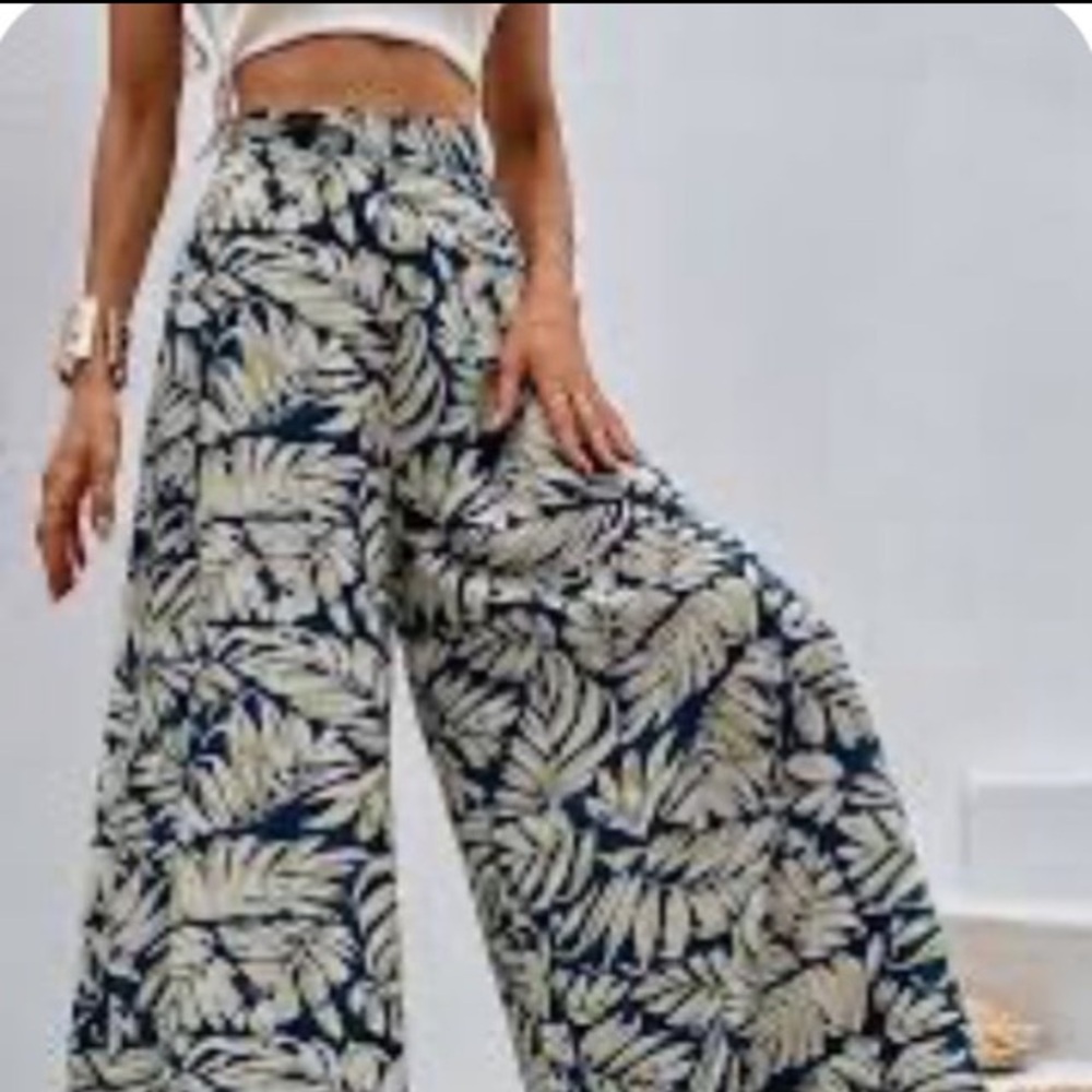 ❤️3X20 SHEIN wide-leg trousers Teal and white tropical leaf pattern|Tall M